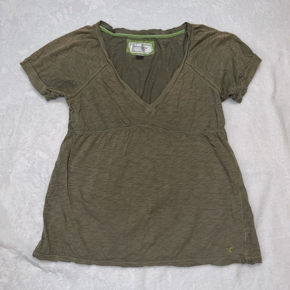 Y2K American Eagle Outfitters V-Neck Babydoll Top Shirt Size Medium Olive Green